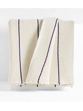 New! Crate&Barrel Organic Cotton Indigo Striped Waffle Oversized Throw Blanket